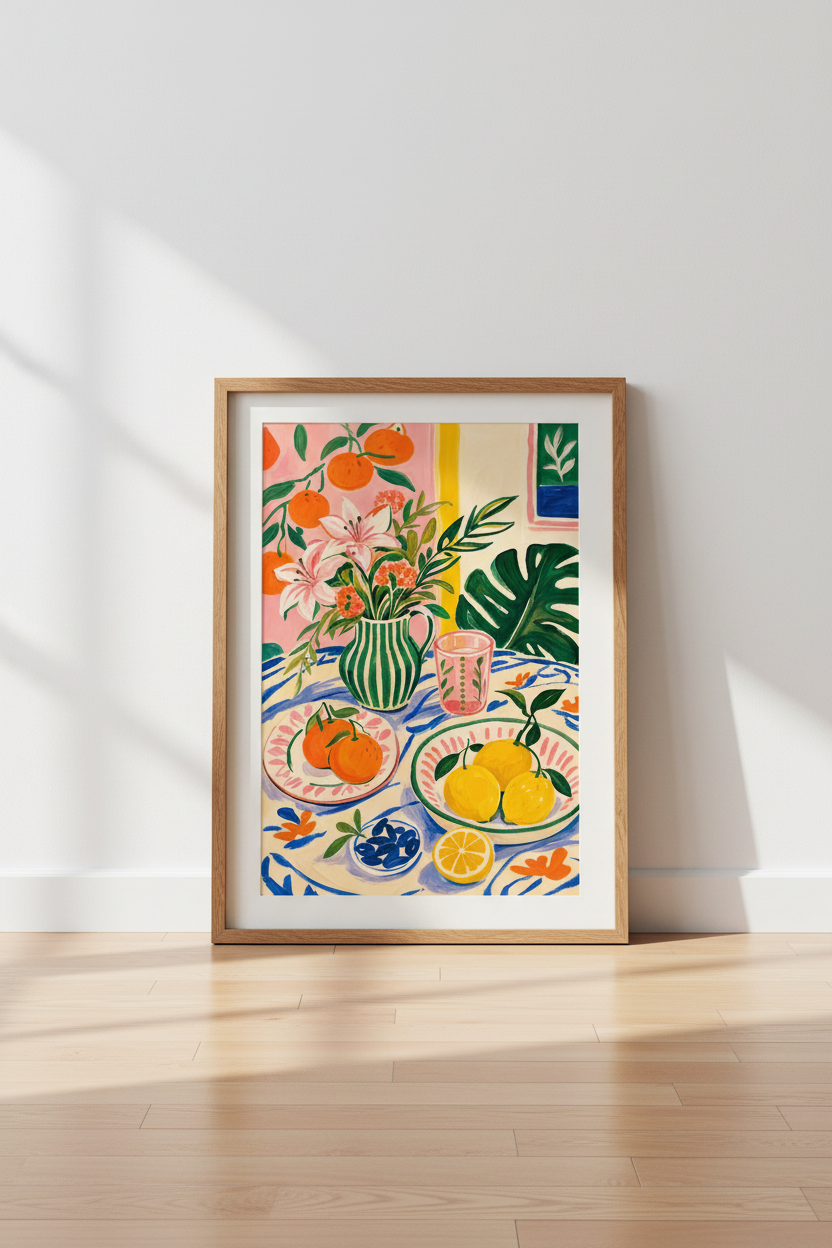 Mediterranean Citrus Still Life Art Print | Colorful Kitchen Decor | Maximalist Poster