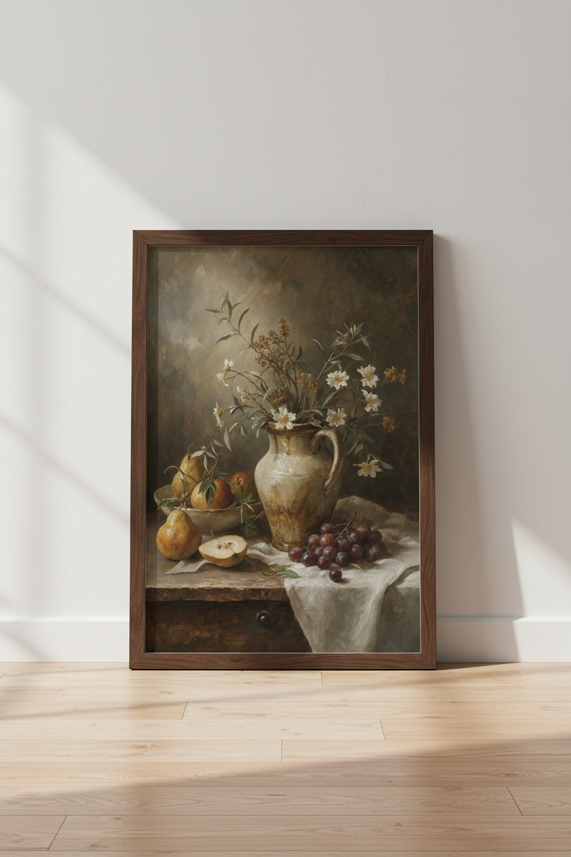 Moody Floral Still Life Oil Painting | Kitchen Wall Art | Vintage Aesthetic Poster