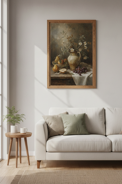 Moody Floral Still Life Oil Painting | Kitchen Wall Art | Vintage Aesthetic Poster