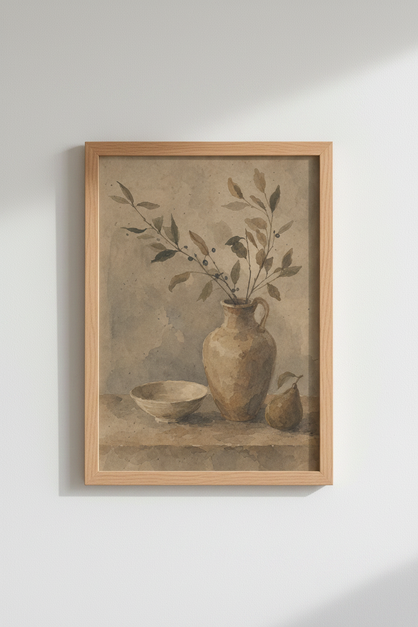 Moody Still Life Watercolor Print | Earthy Neutral Earth Tones, Kitchen Decor