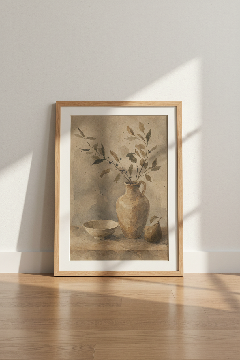 Moody Still Life Watercolor Print | Earthy Neutral Earth Tones, Kitchen Decor