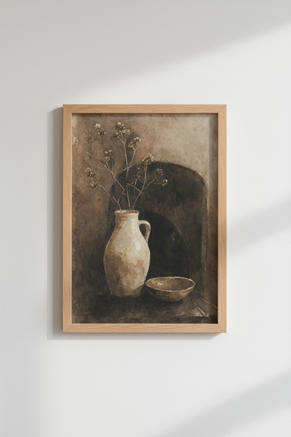Moody Still Life Vase Print | Sepia Watercolor Botanical, Rustic Farmhouse Decor