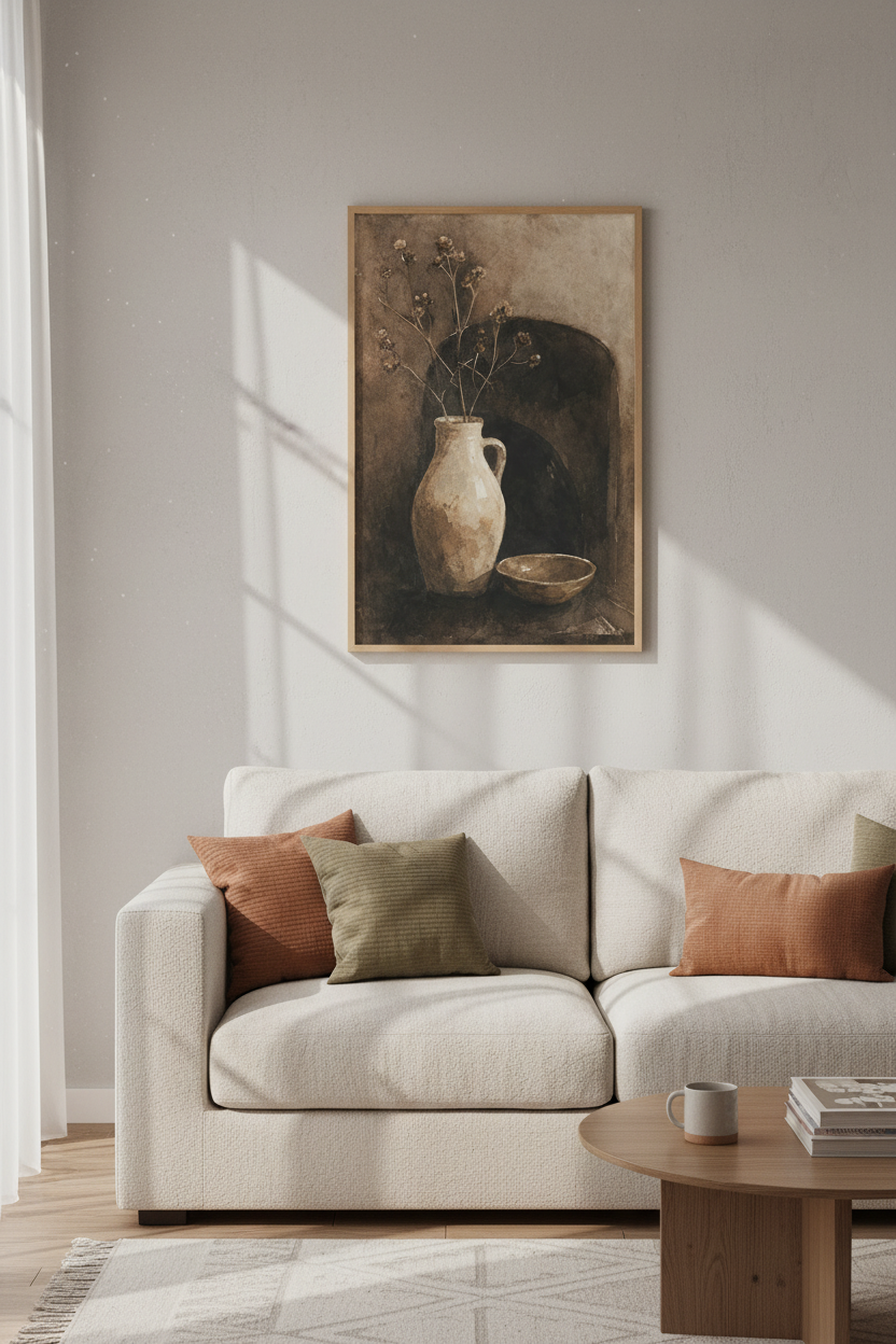 Moody Still Life Vase Print | Sepia Watercolor Botanical, Rustic Farmhouse Decor