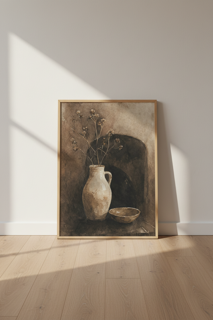 Moody Still Life Vase Print | Sepia Watercolor Botanical, Rustic Farmhouse Decor