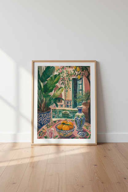 Mediterranean Courtyard Wall Art | Pink &amp; Blue Botanical Print | Coastal Kitchen Decor