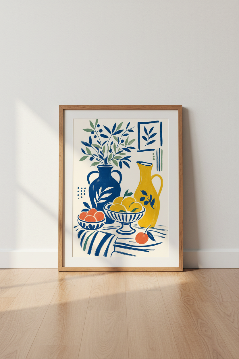 Mediterranean Still Life Wall Art | Blue &amp; Yellow Citrus Decor, Modern Kitchen Art