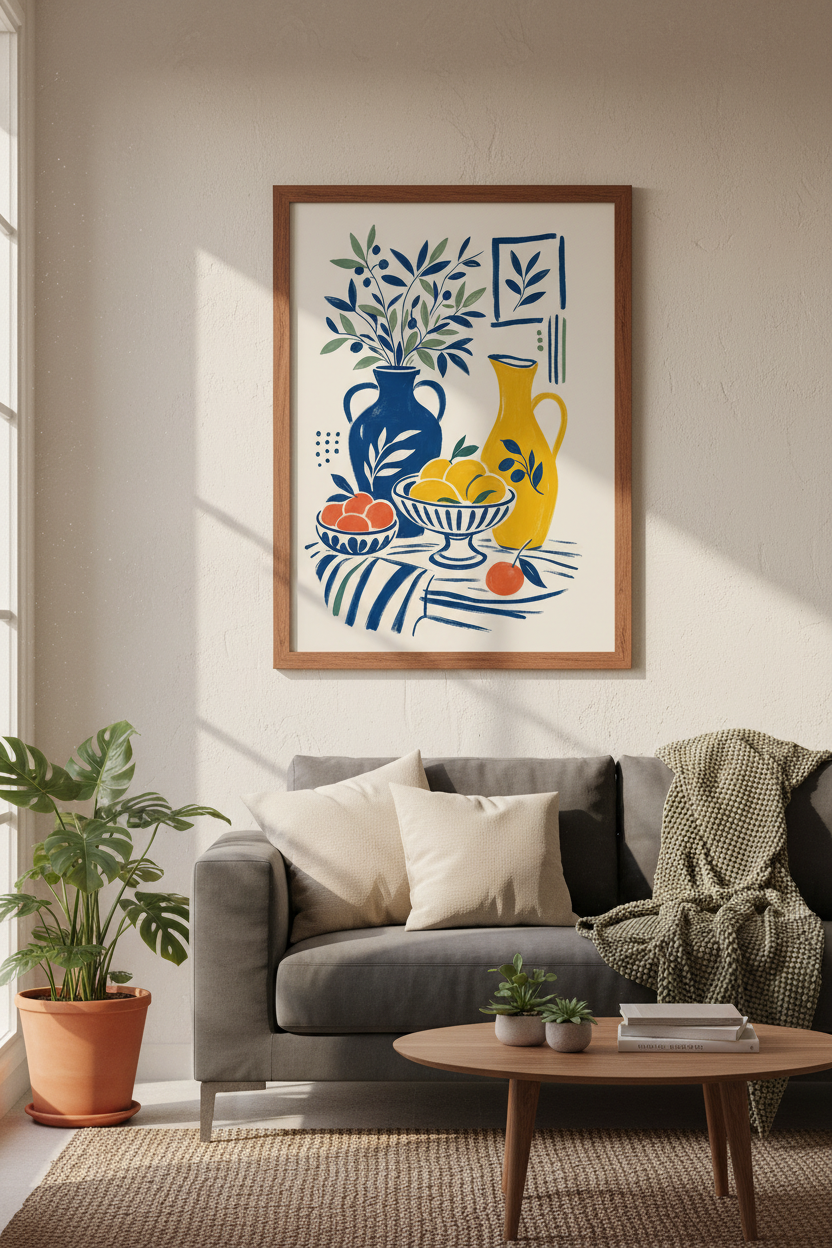 Mediterranean Still Life Wall Art | Blue &amp; Yellow Citrus Decor, Modern Kitchen Art