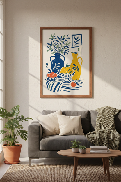 Mediterranean Still Life Wall Art | Blue &amp; Yellow Citrus Decor, Modern Kitchen Art