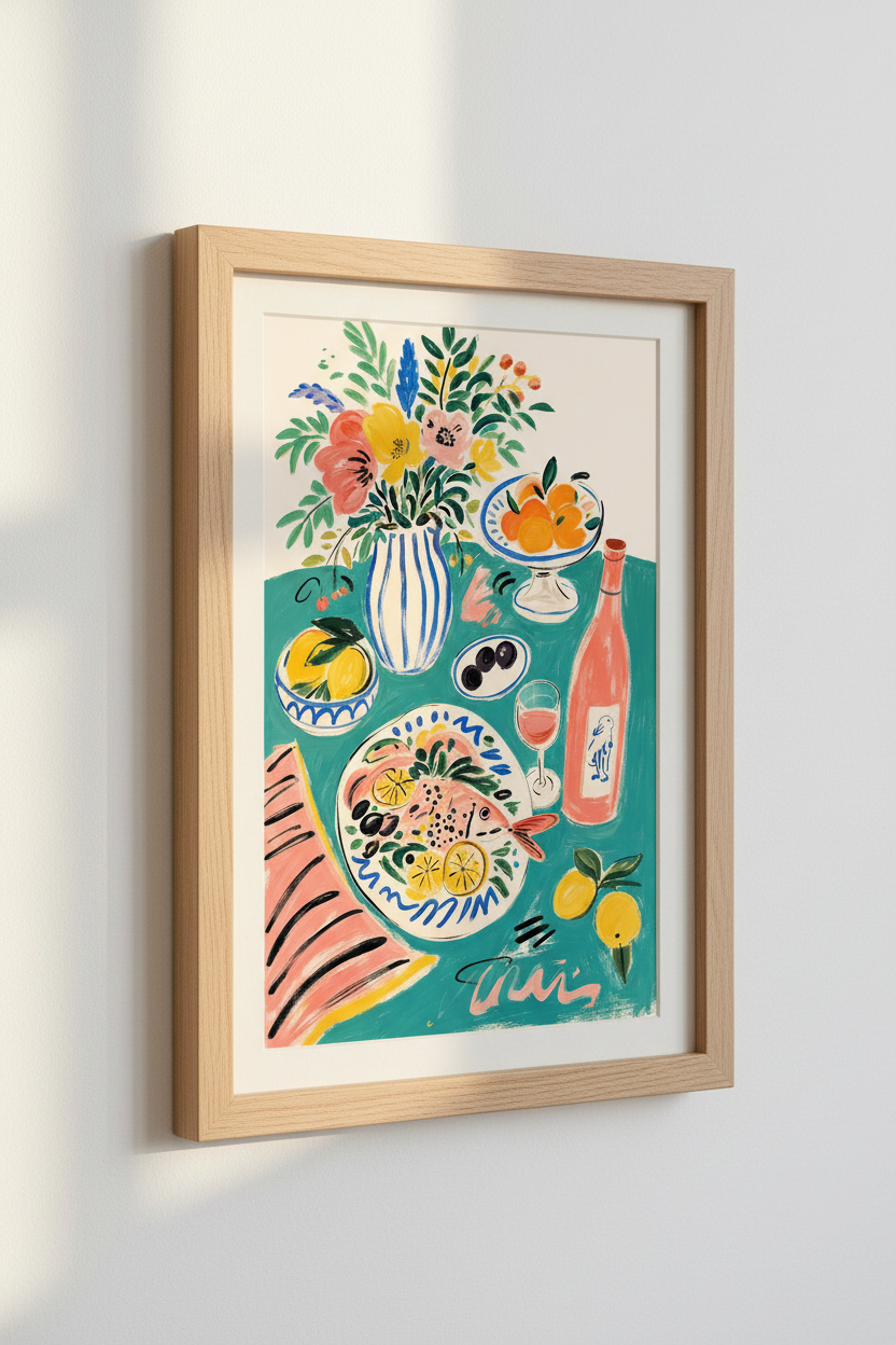 Mediterranean Still Life Wall Art | Colorful Kitchen Decor | Coastal Foodie Poster