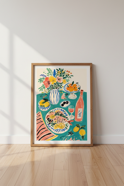 Mediterranean Still Life Wall Art | Colorful Kitchen Decor | Coastal Foodie Poster