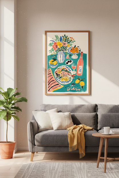 Mediterranean Still Life Wall Art | Colorful Kitchen Decor | Coastal Foodie Poster