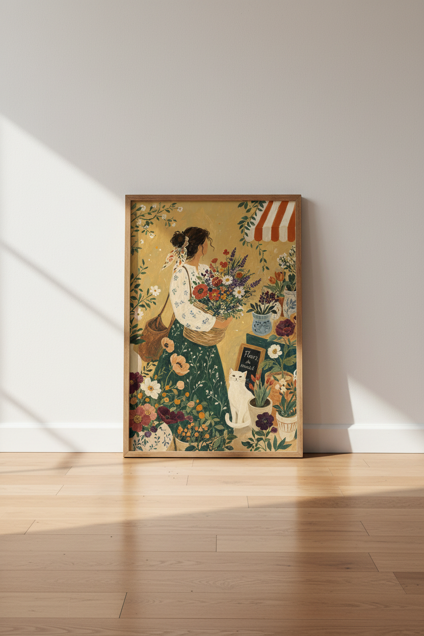 French Flower Market Painting | Vintage Cottagecore, Cat &amp; Botanical Wall Art Print