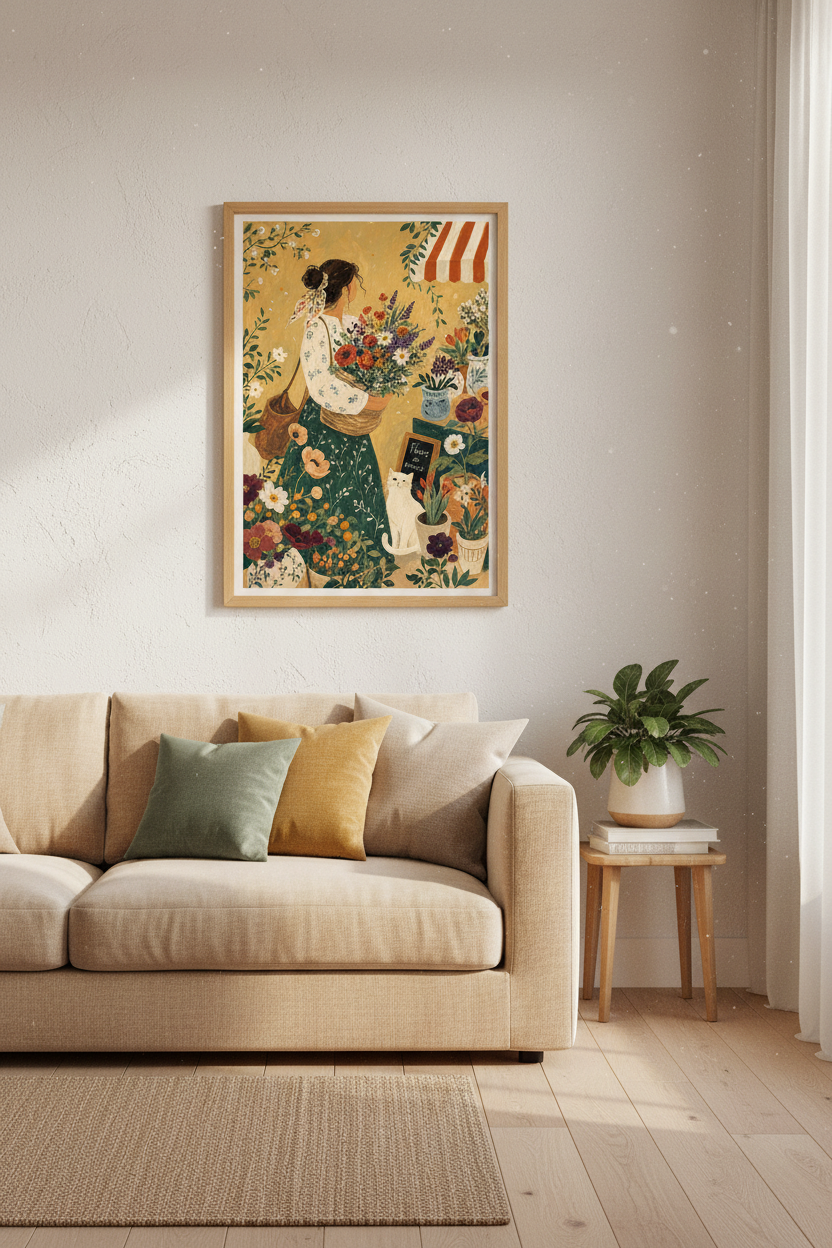 French Flower Market Painting | Vintage Cottagecore, Cat &amp; Botanical Wall Art Print