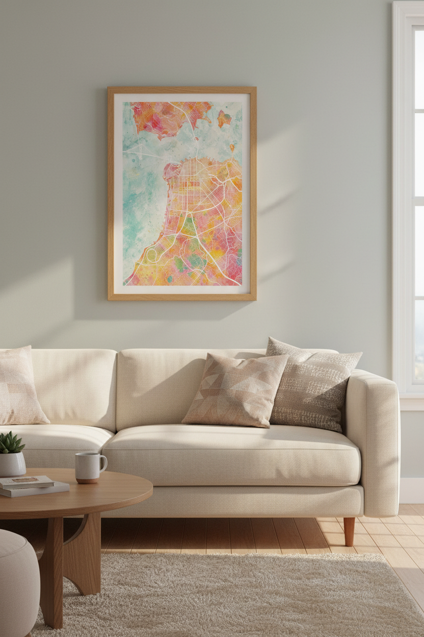 San Francisco Watercolor City Map | Vibrant Pink Pastel Print, Modern Bay Area Decor