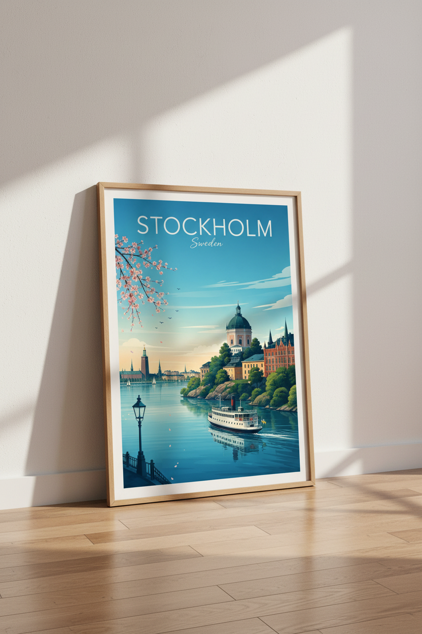 Stockholm Sweden Travel Poster | Scandi Skyline Wall Art | Nordic Home Decor