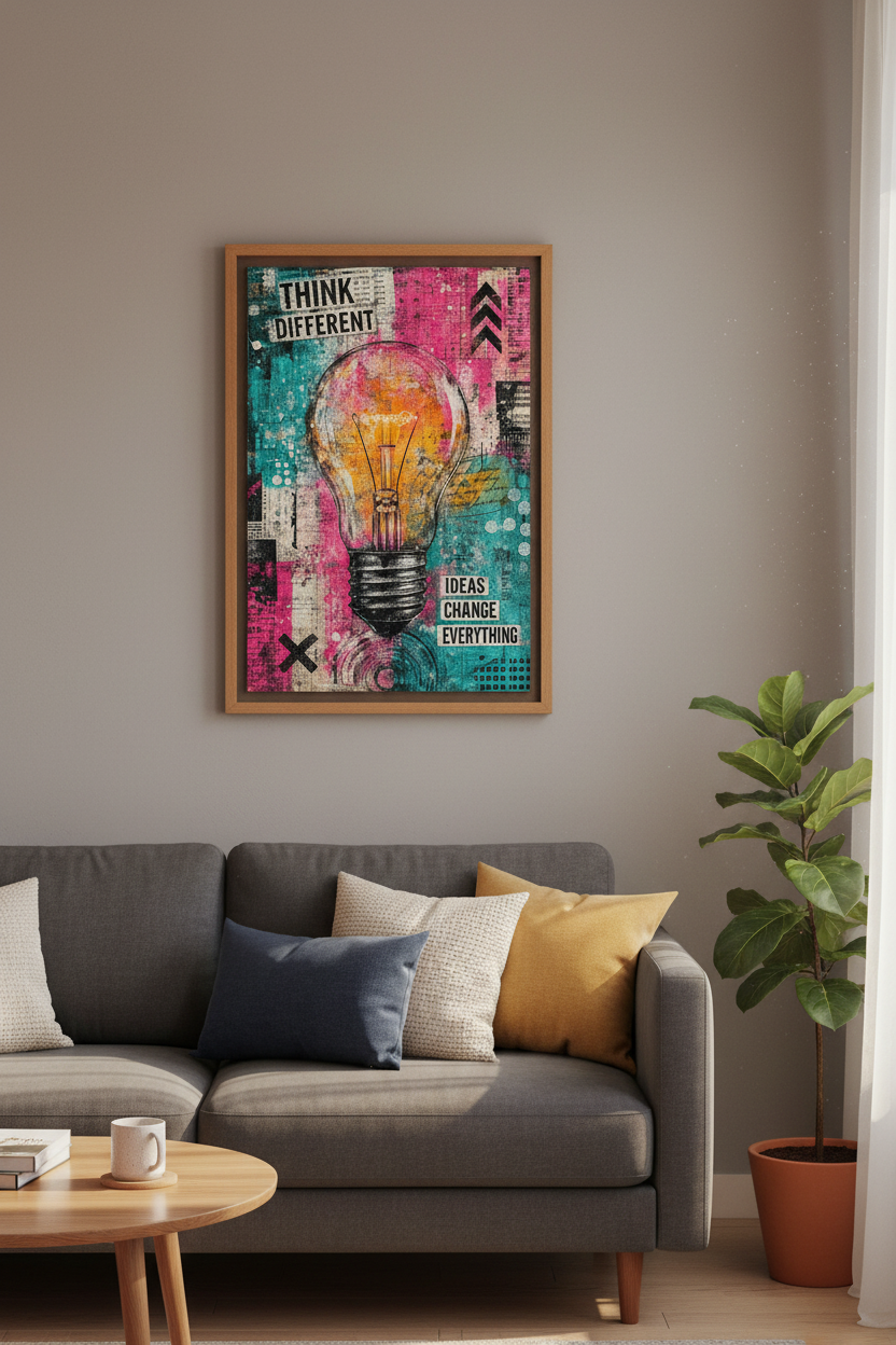 Think Different Lightbulb Wall Art | Graffiti Office Decor | Urban Motivational Poster