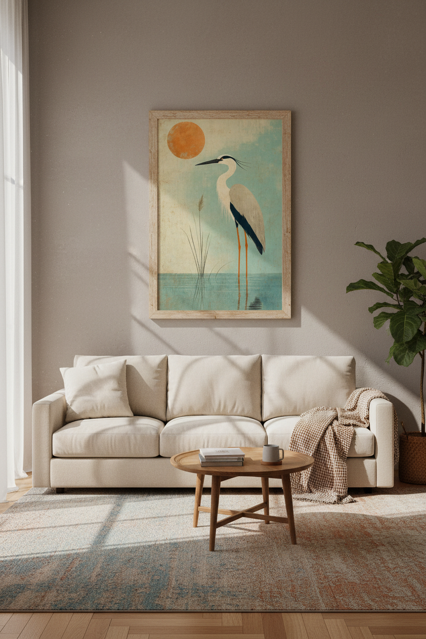 Great Heron Print | Mid-Century Modern Teal &amp; Orange Bird Art, Living Room Decor
