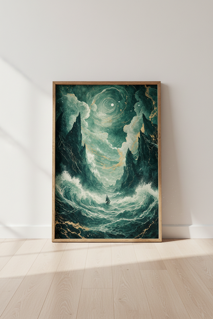 Emerald Sea Sailboat Wall Art | Teal &amp; Gold Moody Seascape | Modern Coastal Decor