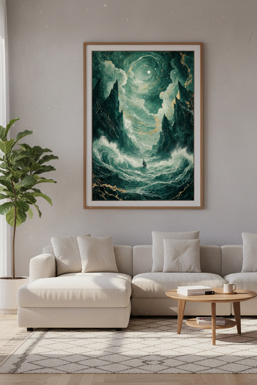 Emerald Sea Sailboat Wall Art | Teal &amp; Gold Moody Seascape | Modern Coastal Decor