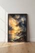 Stormy Ocean Lightning Wall Art | Coastal Sunset Painting | Moody Sea Poster