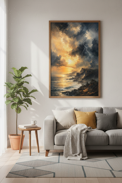 Stormy Ocean Lightning Wall Art | Coastal Sunset Painting | Moody Sea Poster