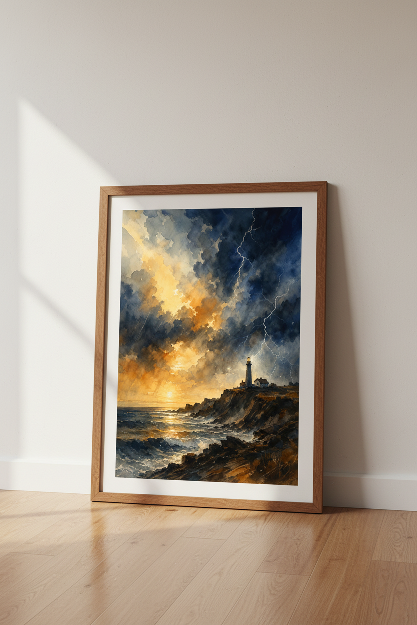 Watercolor Lighthouse Storm Wall Art | Navy &amp; Gold Coastal Decor | Moody Ocean Poster