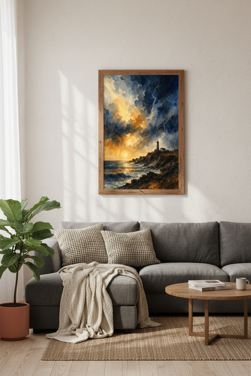 Watercolor Lighthouse Storm Wall Art | Navy &amp; Gold Coastal Decor | Moody Ocean Poster