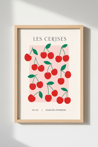 French Cherry Wall Art | Red Fruit Market Poster, Kitchen Dining Decor