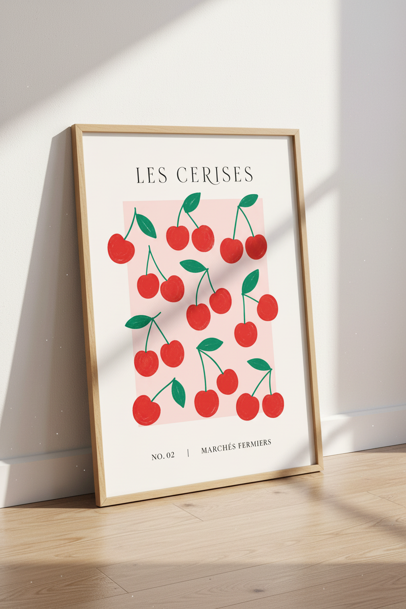 French Cherry Wall Art | Red Fruit Market Poster, Kitchen Dining Decor