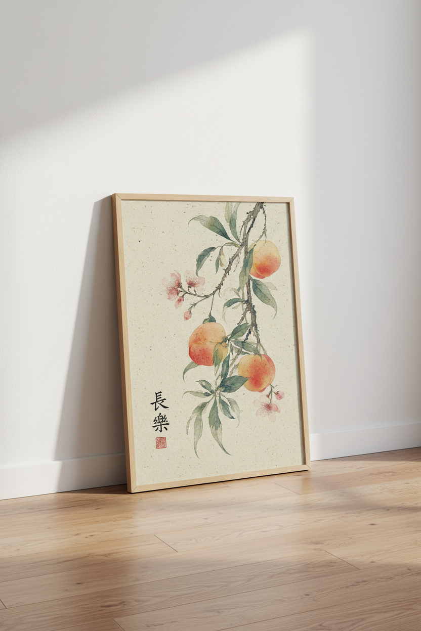 Japanese Peach Branch Art Print | Vintage Watercolor Botanical, Zen Dining Decor