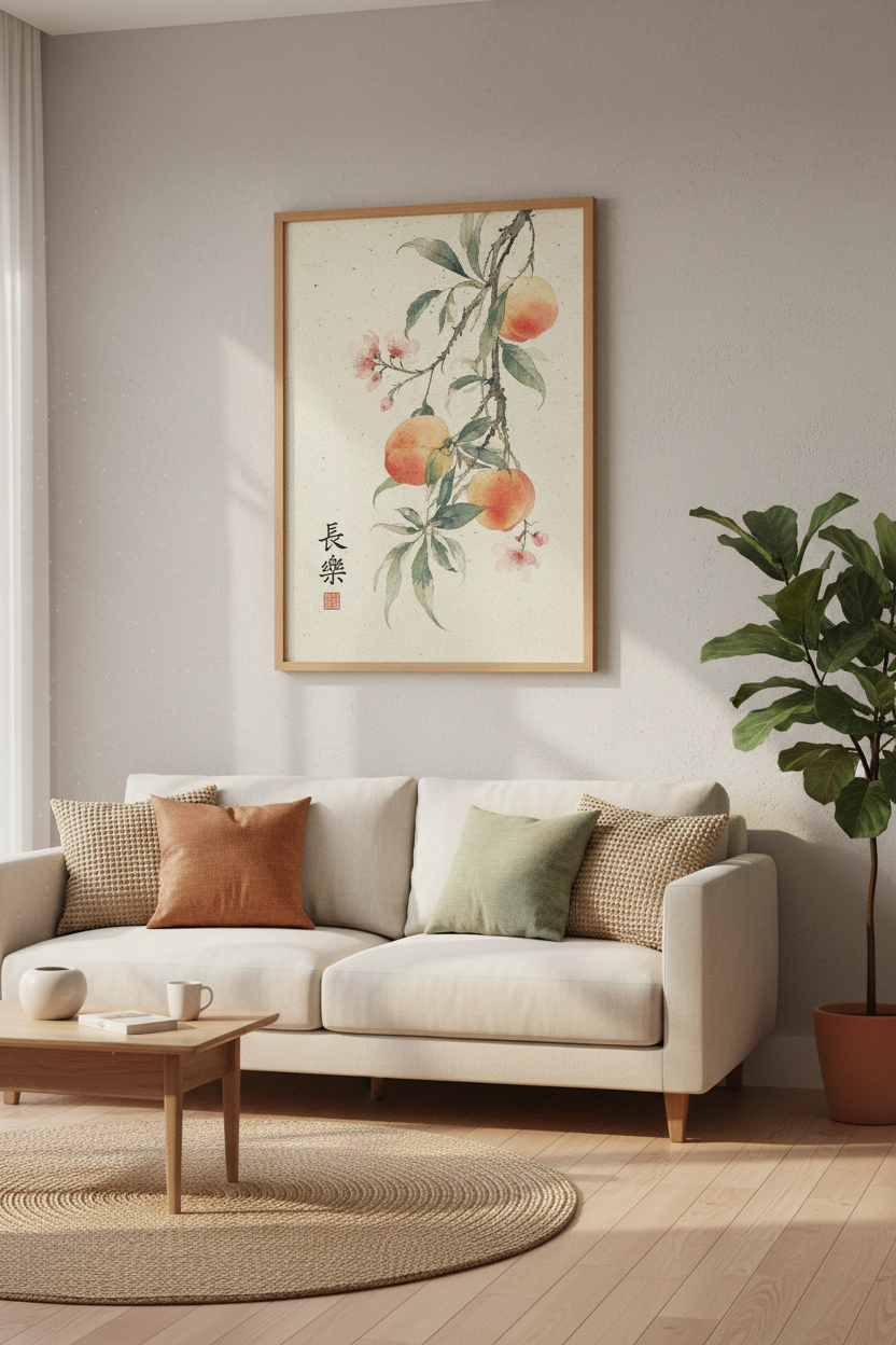 Japanese Peach Branch Art Print | Vintage Watercolor Botanical, Zen Dining Decor