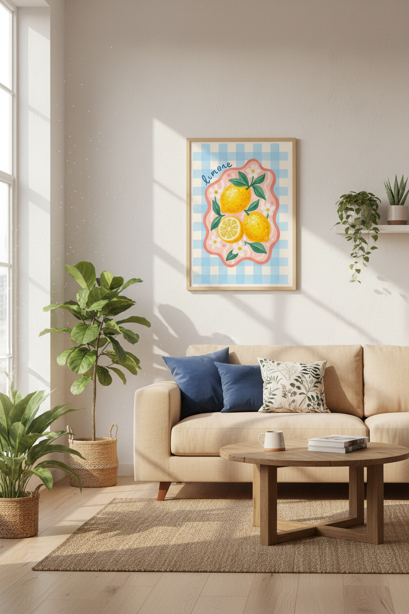 Lemon Kitchen Wall Art | Mediterranean Fruit Print, Blue Gingham Aesthetic Poster