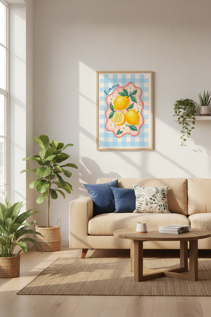 Lemon Kitchen Wall Art | Mediterranean Fruit Print, Blue Gingham Aesthetic Poster