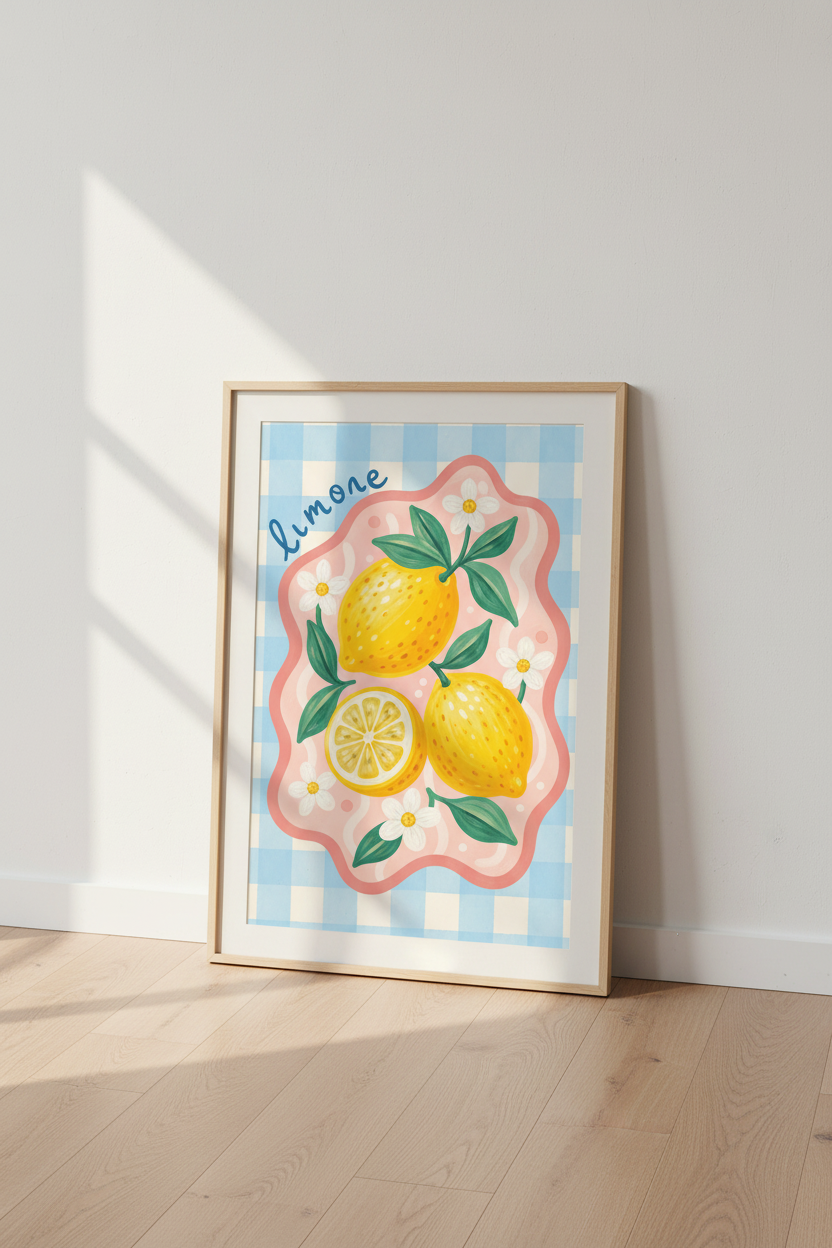 Lemon Kitchen Wall Art | Mediterranean Fruit Print, Blue Gingham Aesthetic Poster