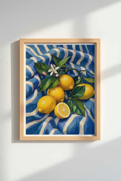 Lemon Oil Painting Print | Mediterranean Citrus Kitchen Decor | Vibrant Still Life Poster