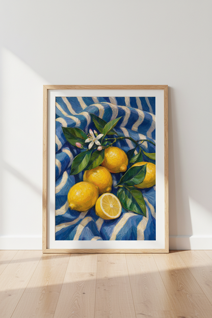 Lemon Oil Painting Print | Mediterranean Citrus Kitchen Decor | Vibrant Still Life Poster