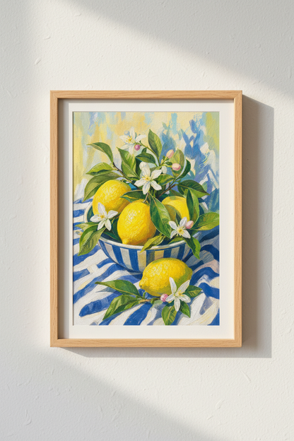 Lemon Kitchen Wall Art | Mediterranean Citrus Fruit Poster, Blue and White Decor