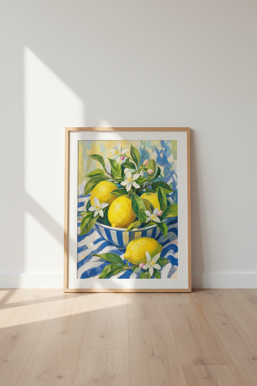 Lemon Kitchen Wall Art | Mediterranean Citrus Fruit Poster, Blue and White Decor