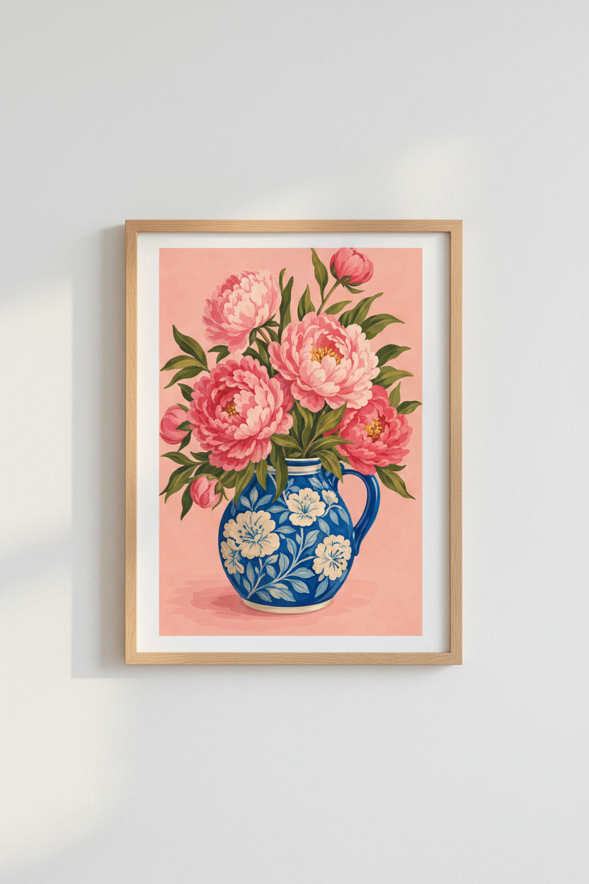Pink Peony Chinoiserie Art | Blue and White Vase Floral Print, Living Room Wall Decor