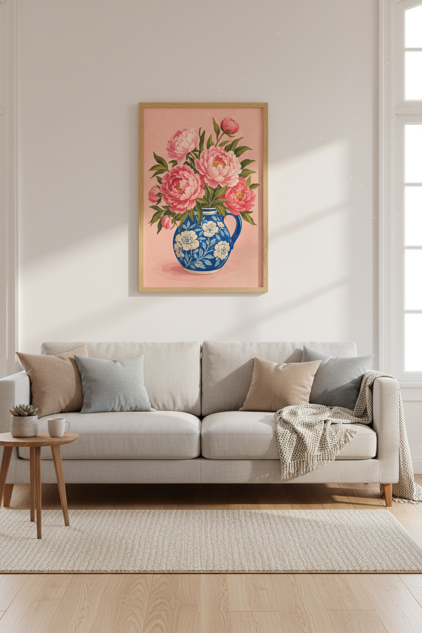 Pink Peony Chinoiserie Art | Blue and White Vase Floral Print, Living Room Wall Decor