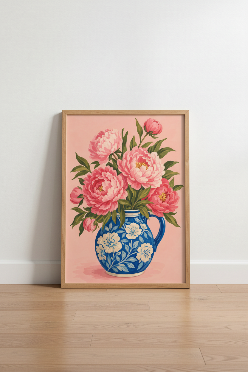 Pink Peony Chinoiserie Art | Blue and White Vase Floral Print, Living Room Wall Decor