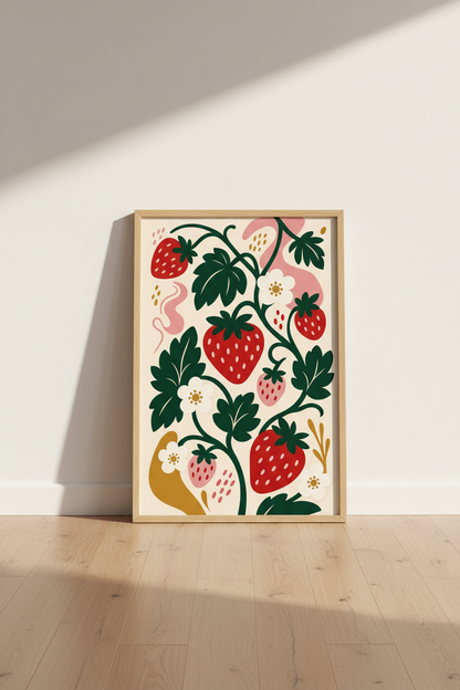 Strawberry Garden Folk Art Print | Kitchen Wall Decor | Retro Botanical Poster