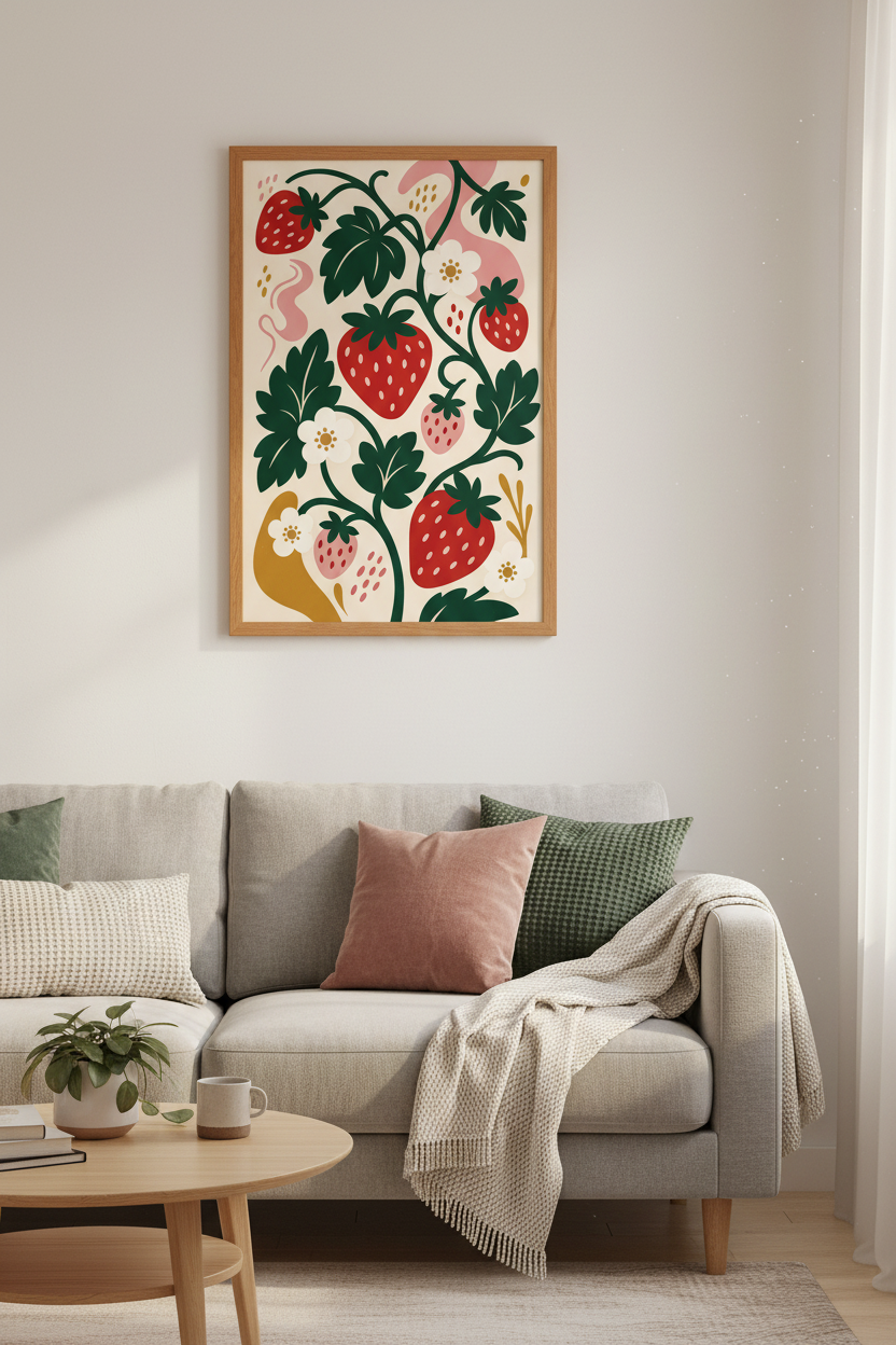 Strawberry Garden Folk Art Print | Kitchen Wall Decor | Retro Botanical Poster