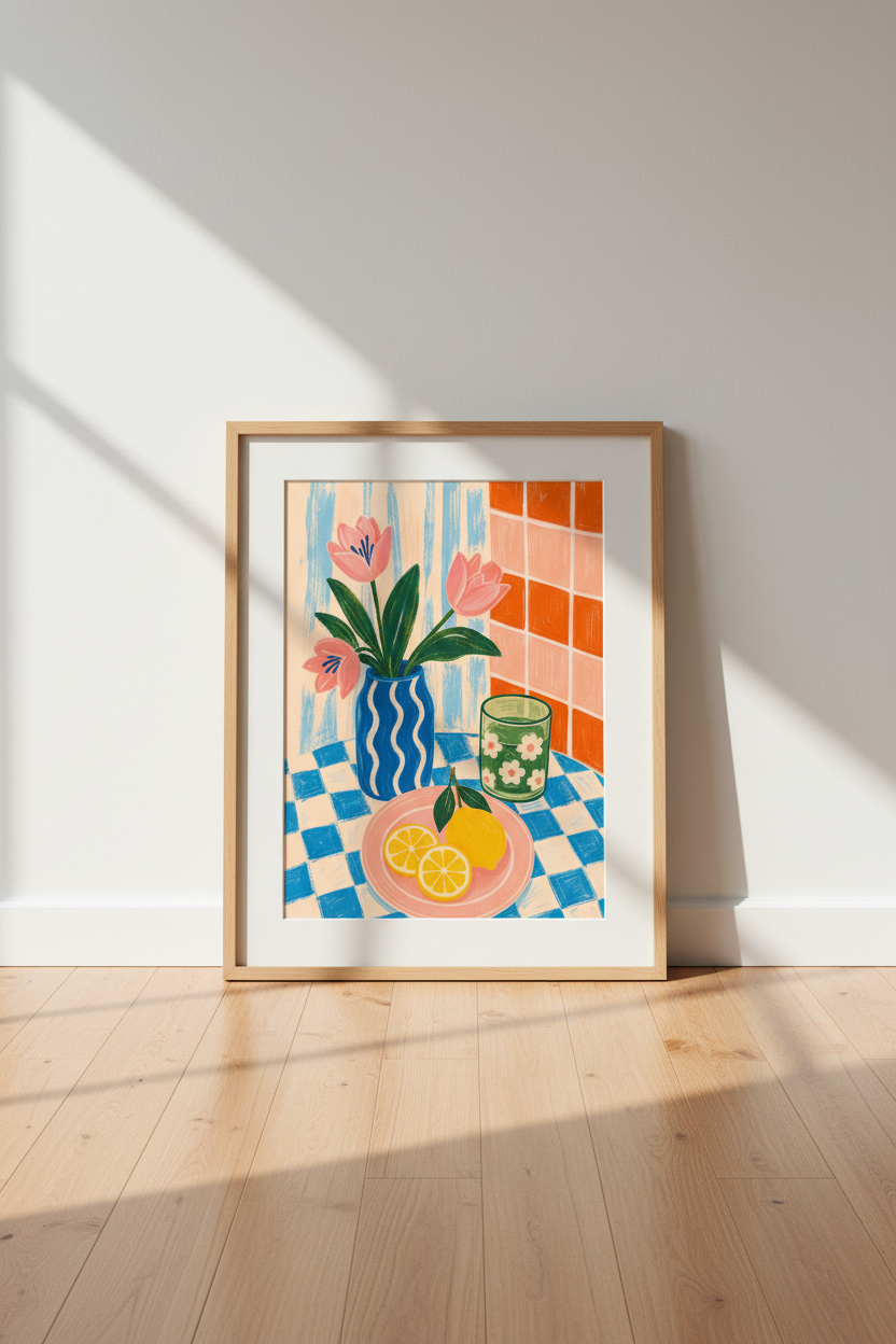Danish Pastel Wall Art Print | Colorful Kitchen Still Life | Aesthetic Tulip Poster
