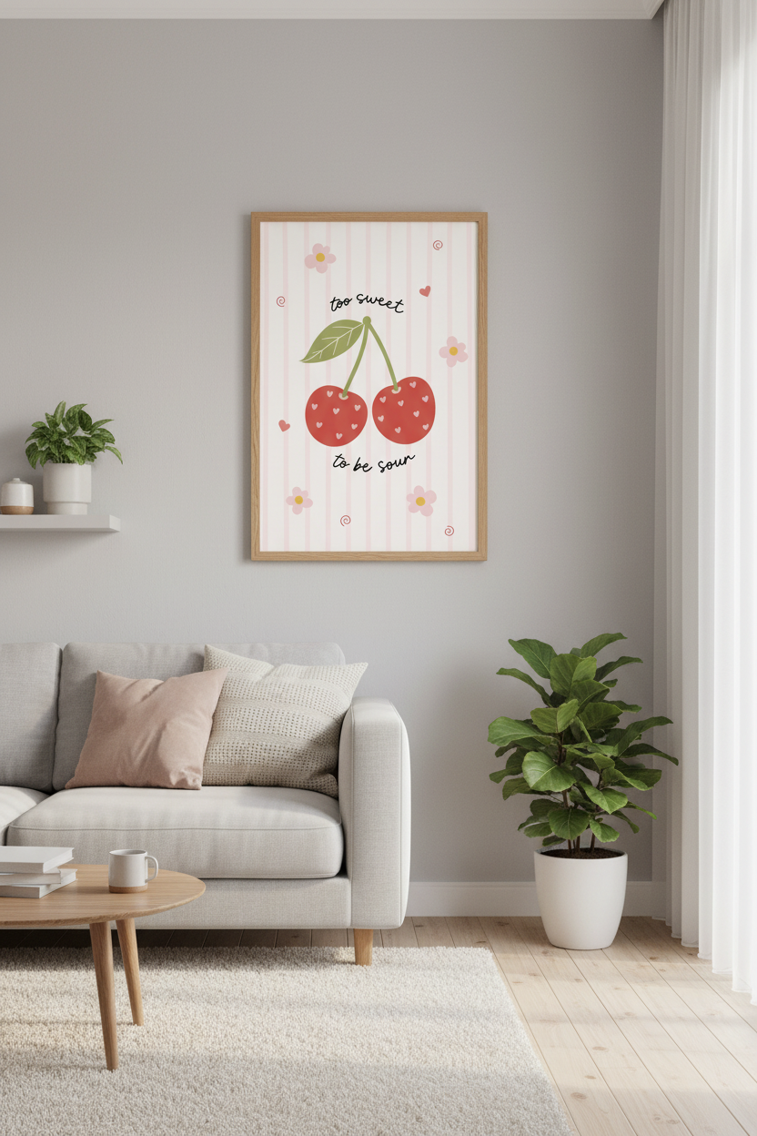 Sweet Cherry Heart Wall Art Print | Pink Preppy Room Decor | Coquette Poster