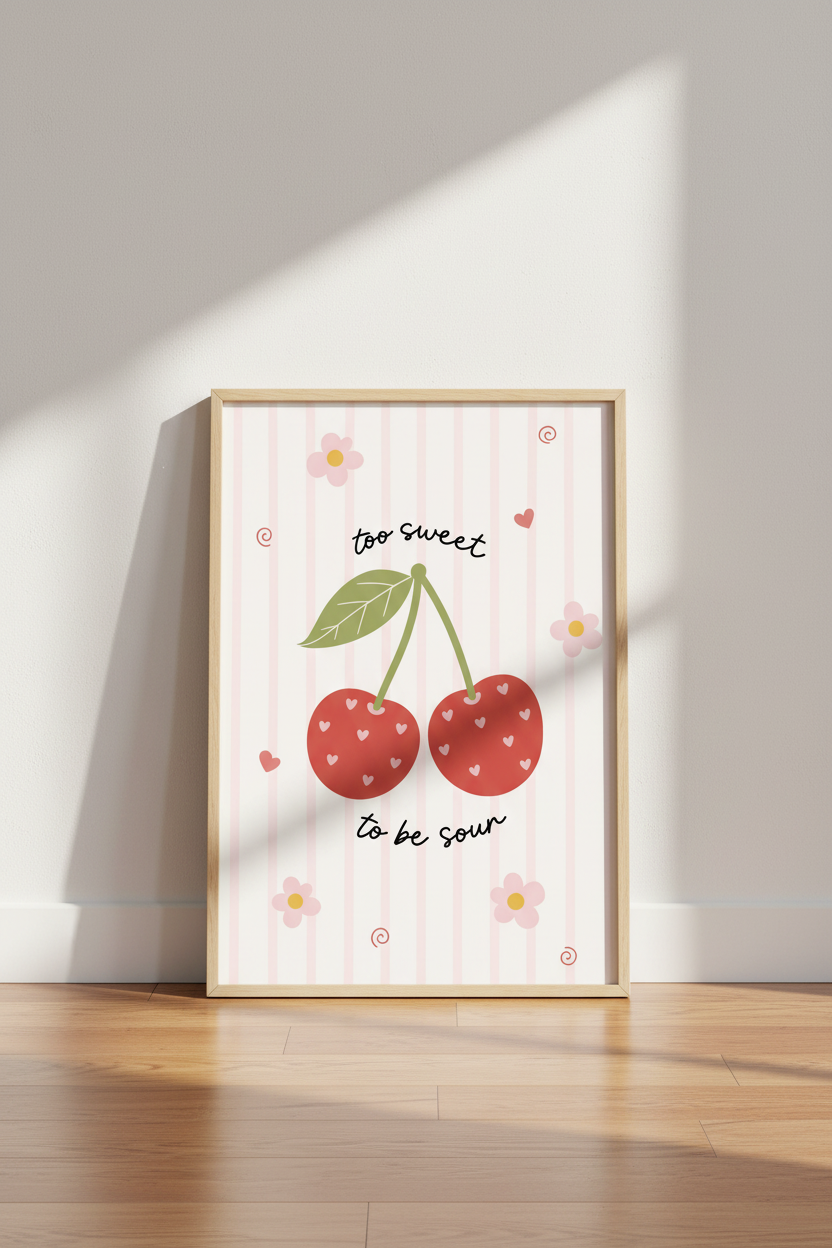 Sweet Cherry Heart Wall Art Print | Pink Preppy Room Decor | Coquette Poster