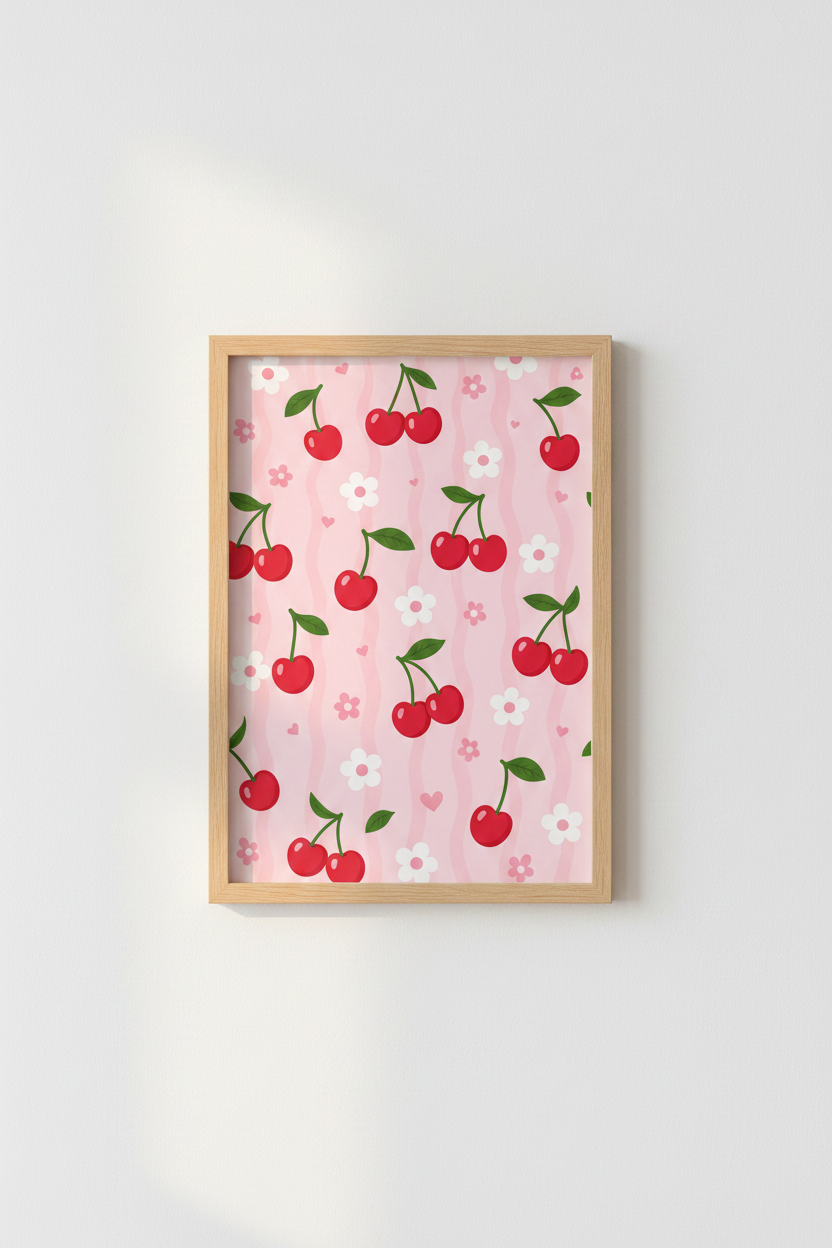 Red Cherry Pattern Wall Art Print | Coquette Pink Room Decor | Retro Preppy Poster