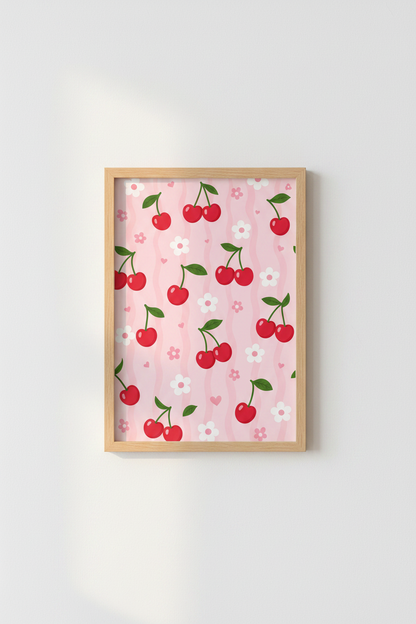 Red Cherry Pattern Wall Art Print | Coquette Pink Room Decor | Retro Preppy Poster