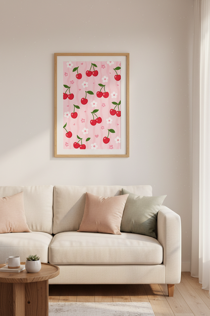 Red Cherry Pattern Wall Art Print | Coquette Pink Room Decor | Retro Preppy Poster