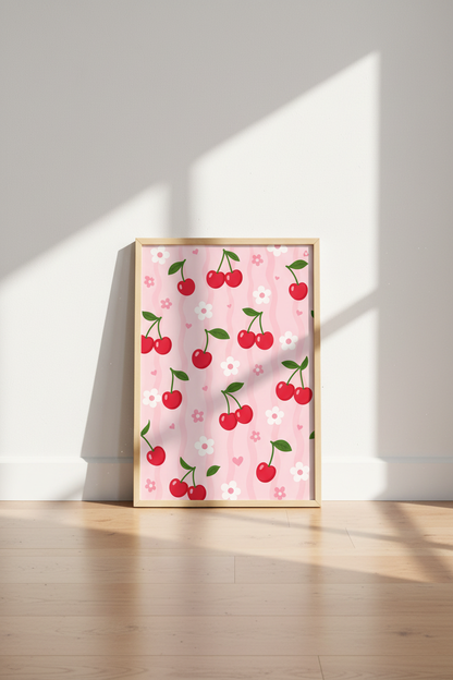 Red Cherry Pattern Wall Art Print | Coquette Pink Room Decor | Retro Preppy Poster